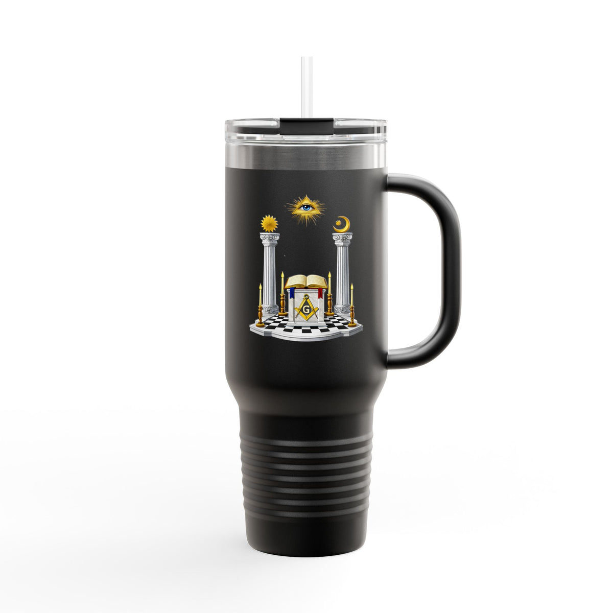 Master Mason Blue Lodge Ringneck Tumbler - S&C G Altar Pillars & Eye on Checkered Floor - Bricks Masons