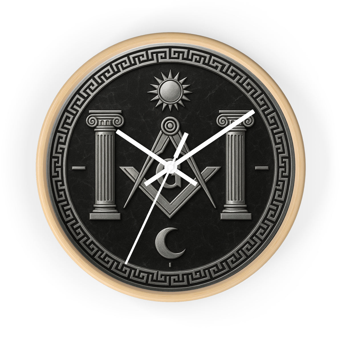 Master Mason Blue Lodge Clock - S&C with Pillars Sun & Moon on Wooden Frame - Bricks Masons