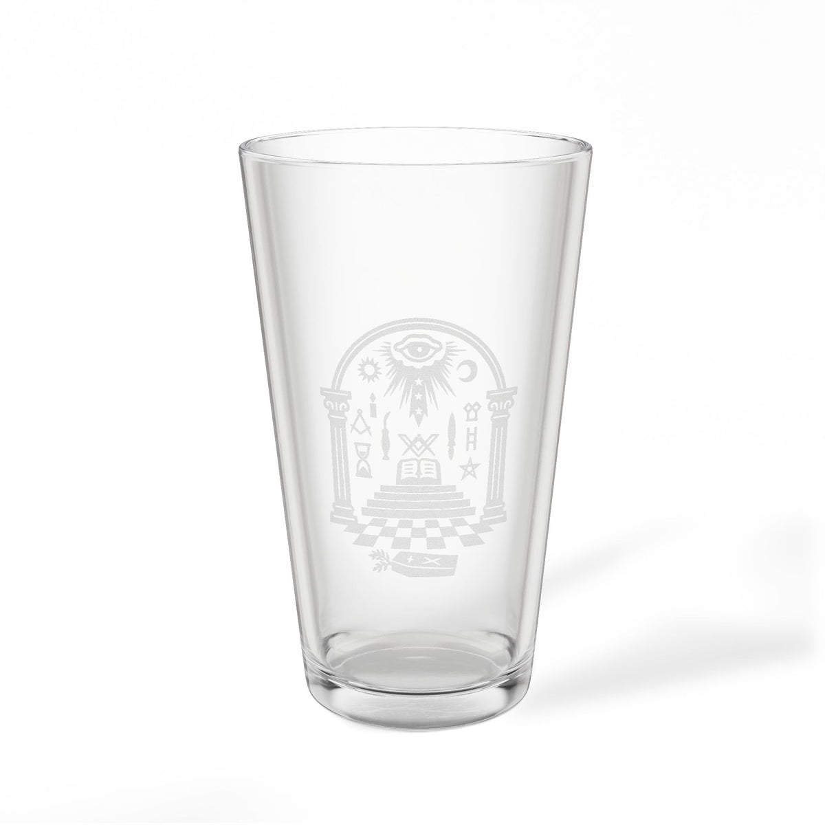 Master Mason Blue Lodge Pint Glass - Checkered Floor Pillars All-Seeing Eye & Tools