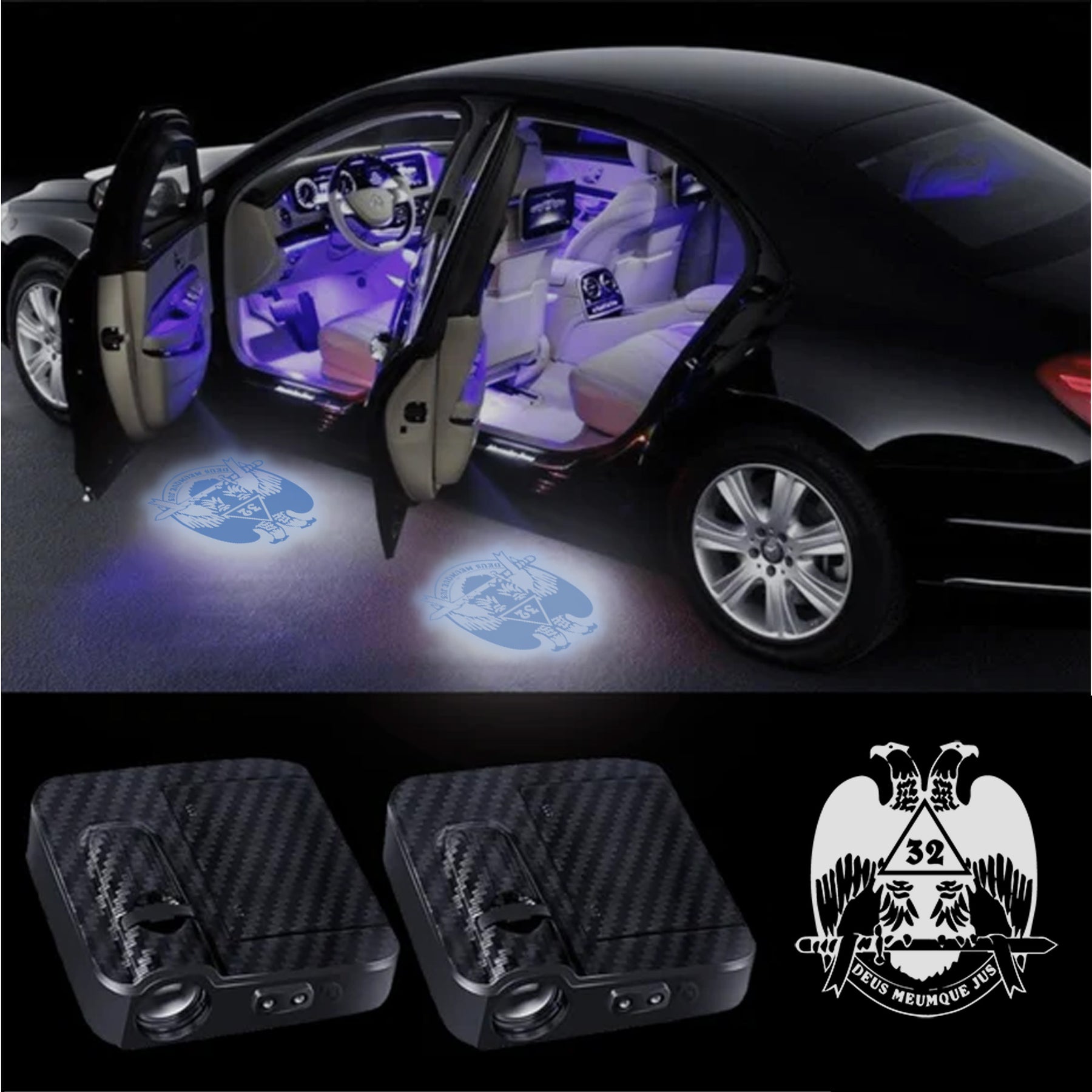 32nd Degree Scottish Rite Car Door Light Projector - Customizable Wireless LED Wings Down - Bricks Masons
