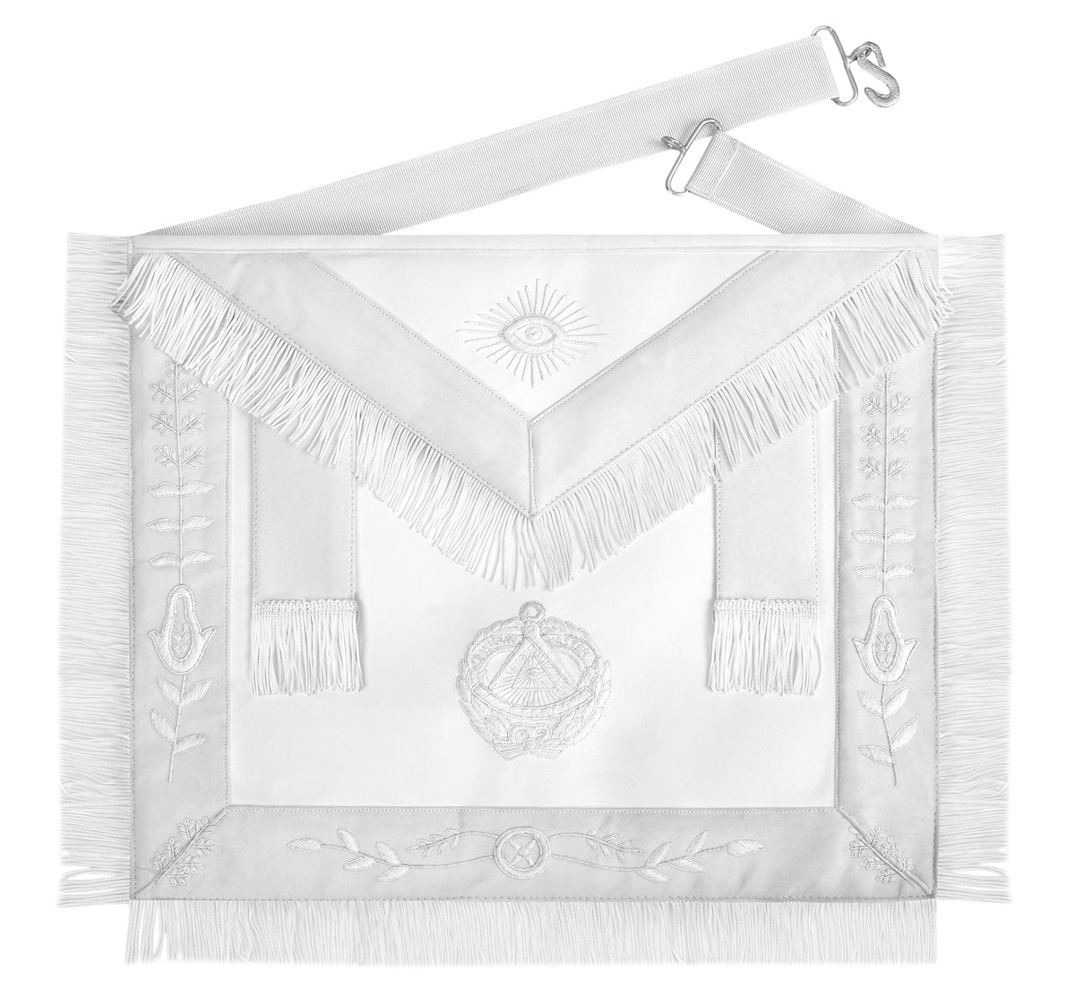 Past Grand Master Blue Lodge Apron - White Bullion Embroidery With Fringe - Bricks Masons