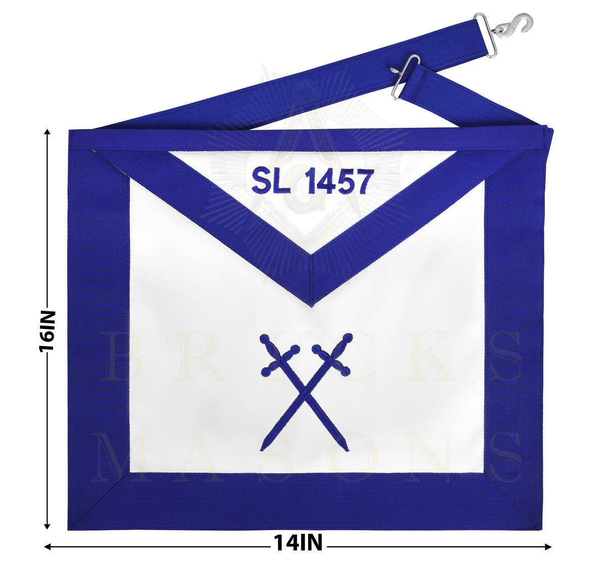 Sentinel Blue Lodge Officer Apron - Blue Ribbon With Machine Embroidery Customizable Flap - Bricks Masons