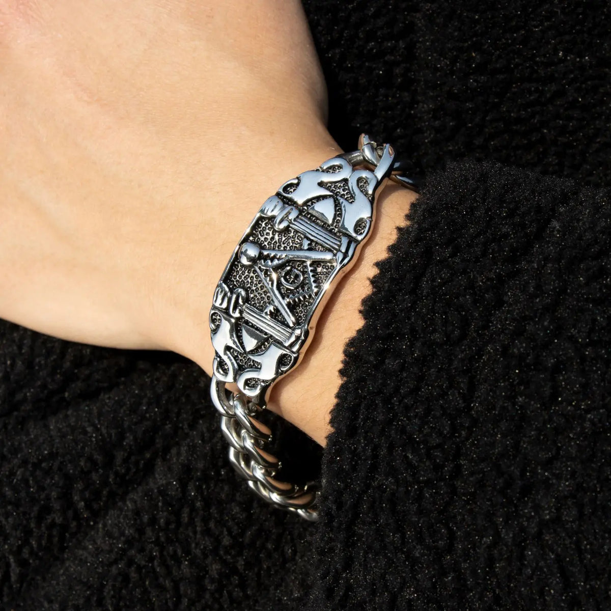 Master Mason Blue Lodge Bracelet - Silver Stainless Steels Square & Compass G - Bricks Masons