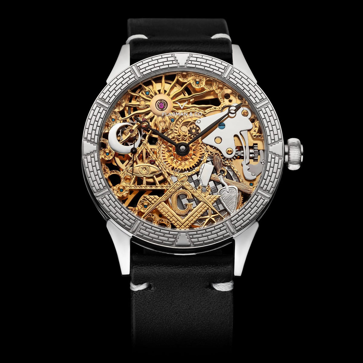 Master Mason Blue Lodge Wristwatch - Gold & Silver Masonic Symbols Skeleton - Bricks Masons