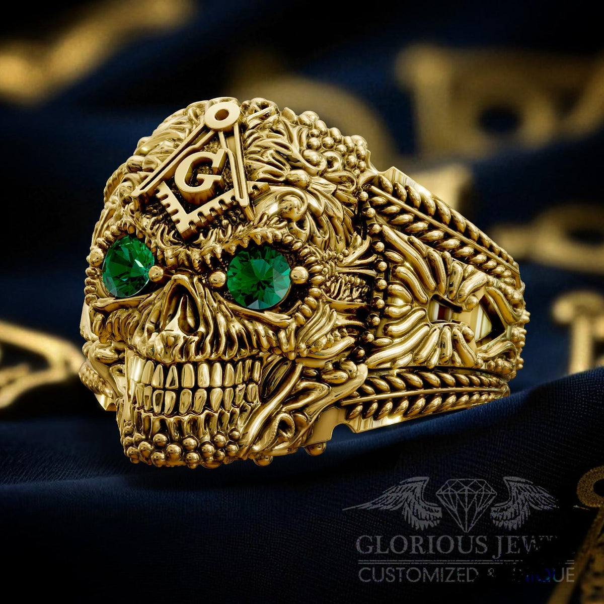 Master Mason Blue Lodge Ring - Skull With Stones S & C - Bricks Masons