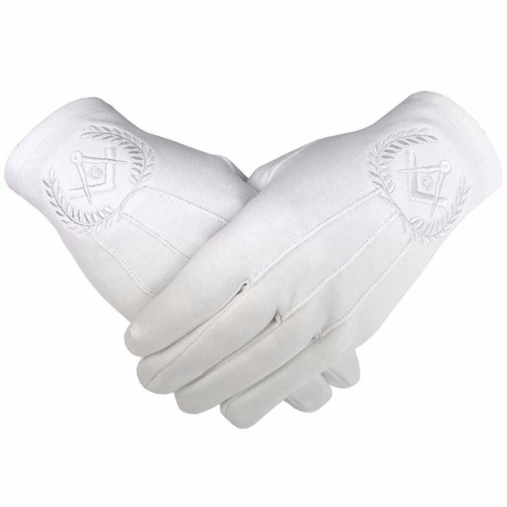Master Mason Blue Lodge Gloves - All White Cotton Square & Compass G - Bricks Masons