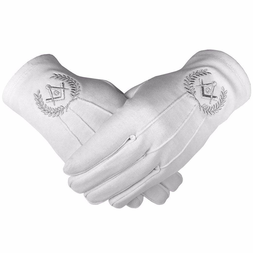 Master Mason Blue Lodge Gloves - White Cotton with Silver Square & Compass G - Bricks Masons
