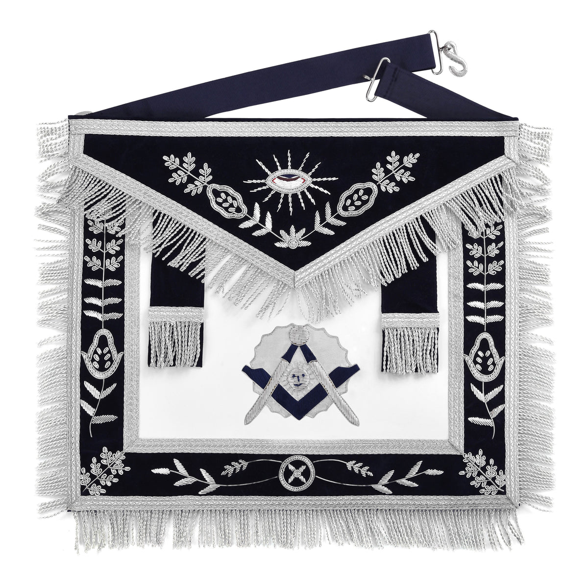 Senior Deacon Blue Lodge California Officer Apron - Dark Blue With Silver Hand Embroidery Bullion - Bricks Masons