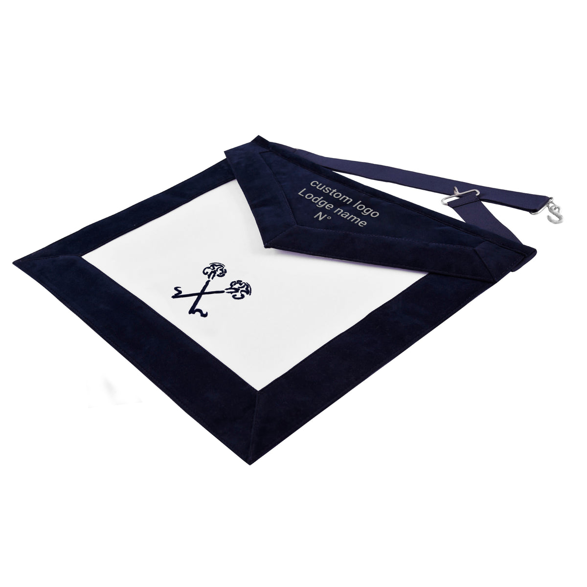 Treasurer Blue Lodge Officer Apron - Navy Velvet With Silver Embroidery Thread - Bricks Masons
