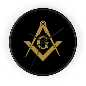 Master Mason Blue Lodge Clock - Shiny Golden S&C G on Black Dial - Bricks Masons