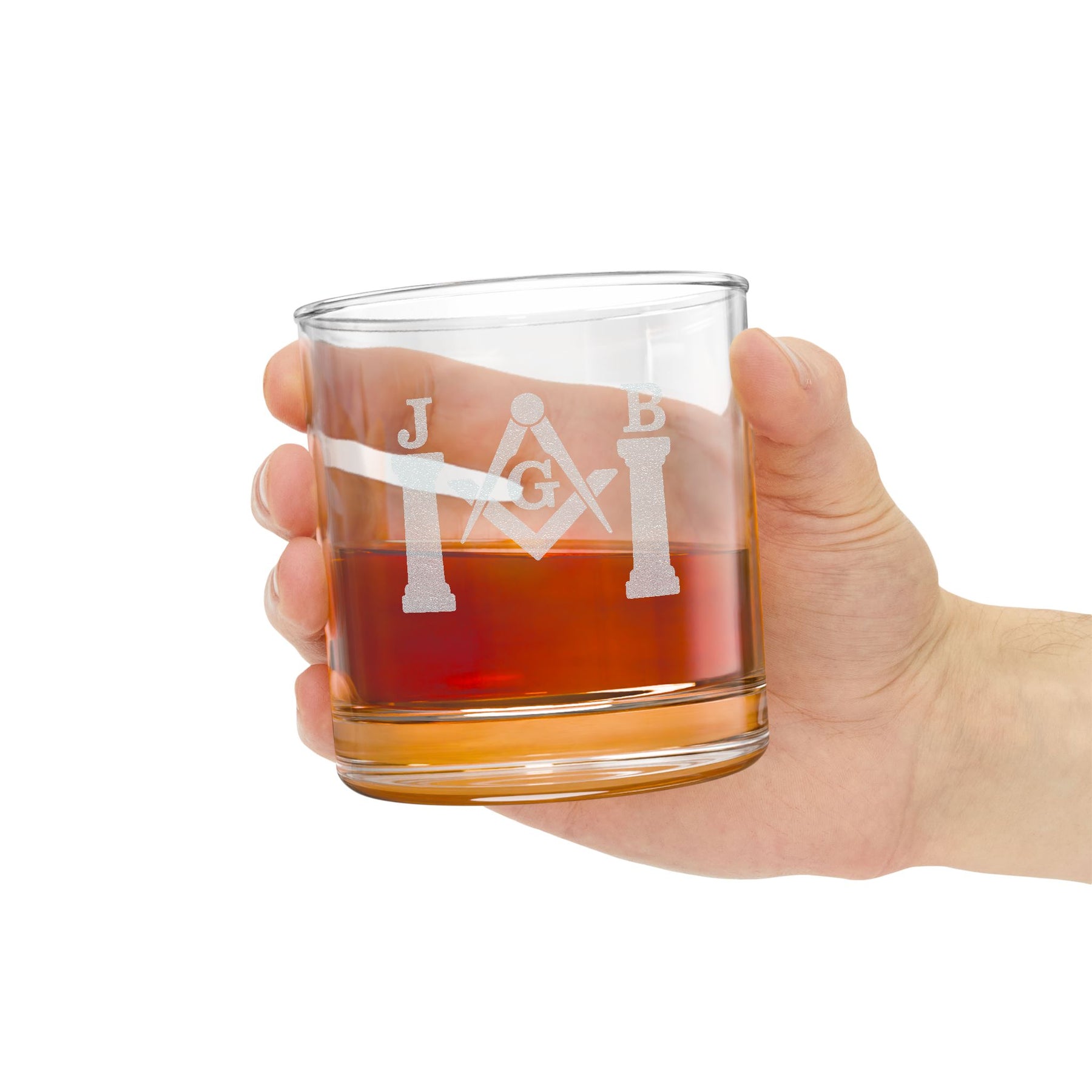 Master Mason Blue Lodge Whiskey Glass - Square & Compasses with Twin J&B Pillars - Bricks Masons