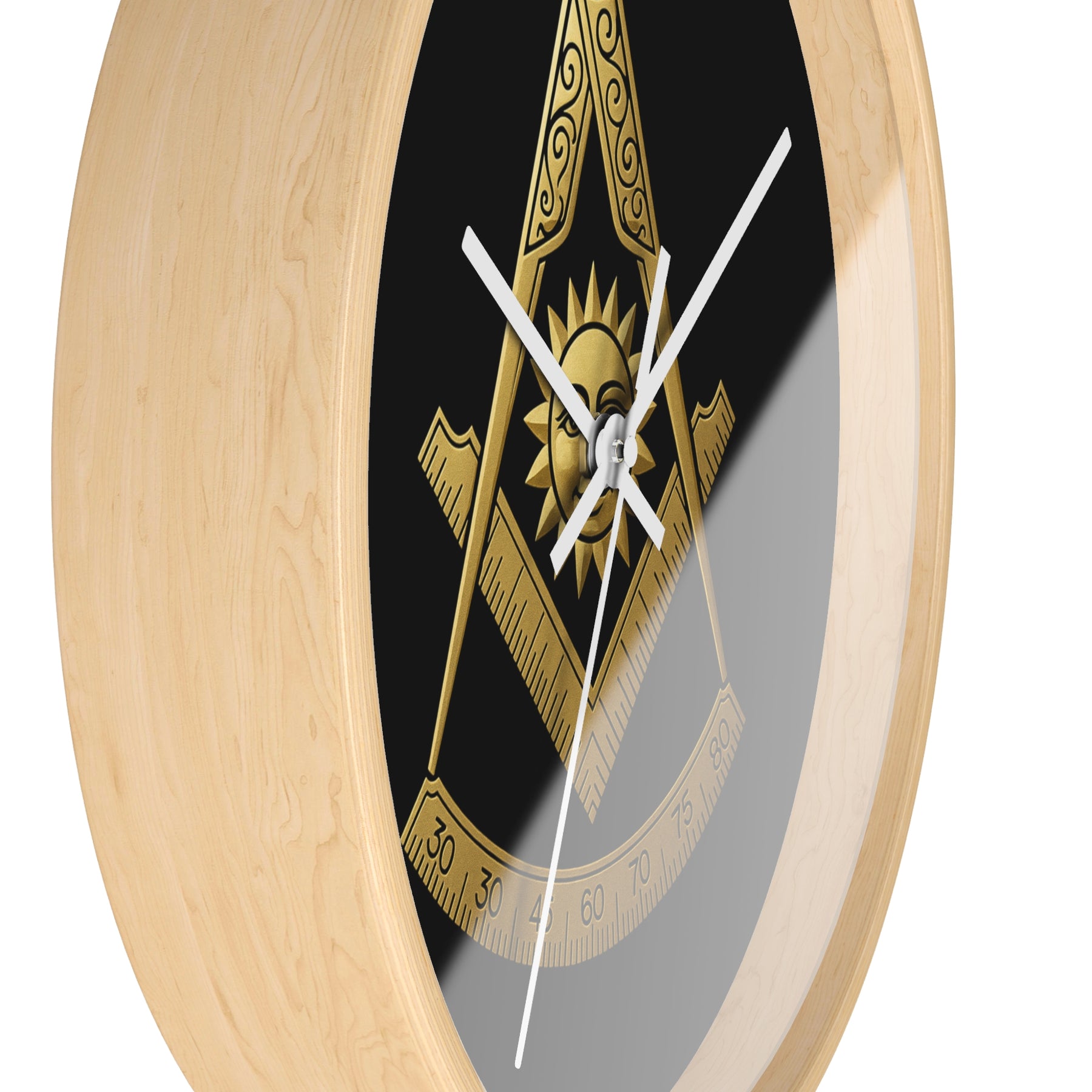 Past Master Blue Lodge Clock - Square Compass Sun & Quadrant Emblem on Wood Frame - Bricks Masons