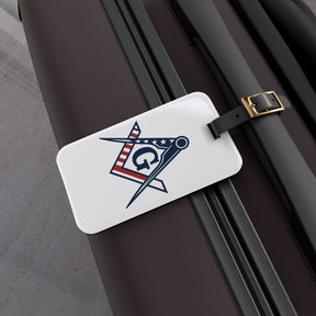 Master Mason Blue Lodge Luggage Tag - USA Flag S&C G With Black Leather Strap - Bricks Masons
