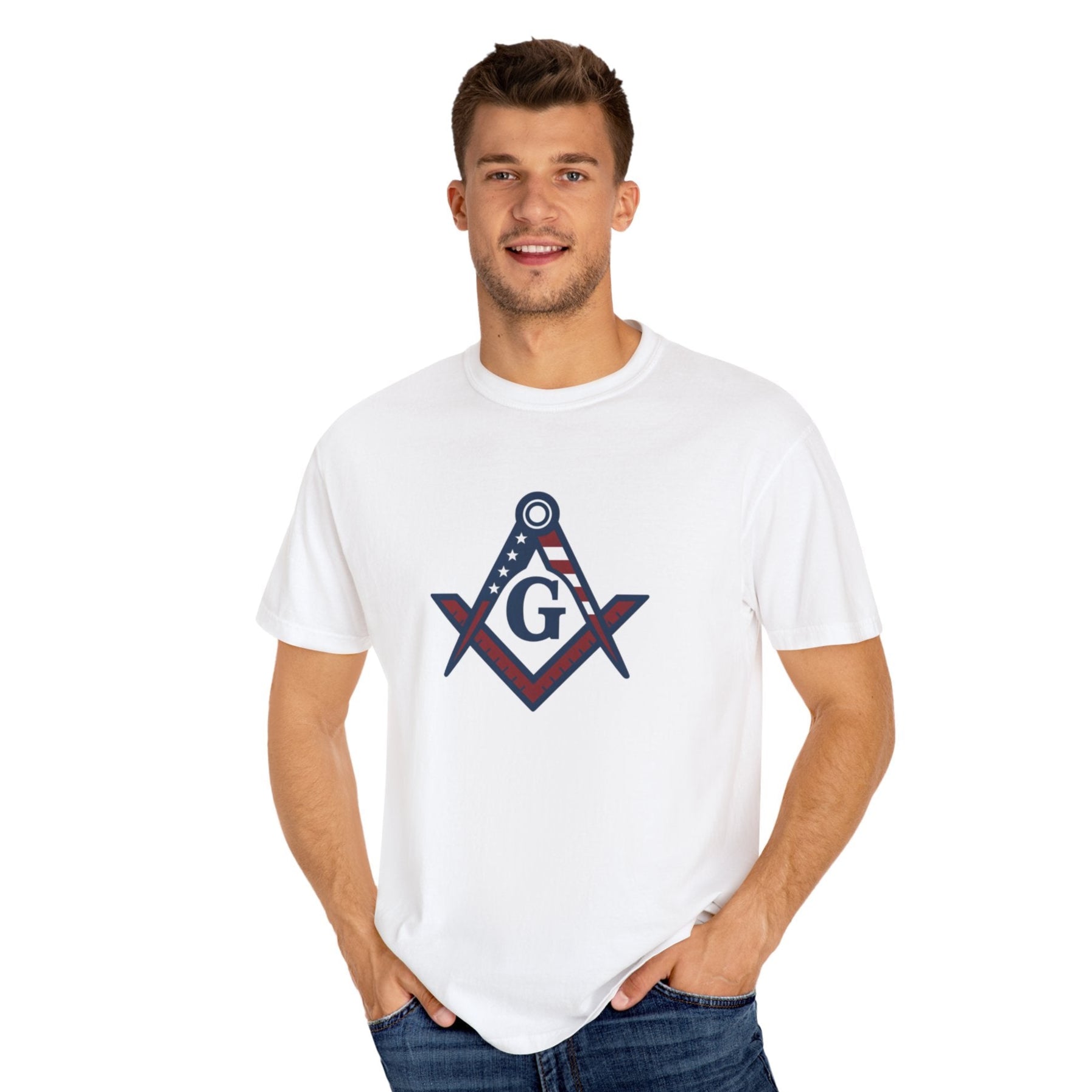 Master Mason Blue Lodge T-Shirt - Garment-Dyed USA Flag Mason - Bricks Masons