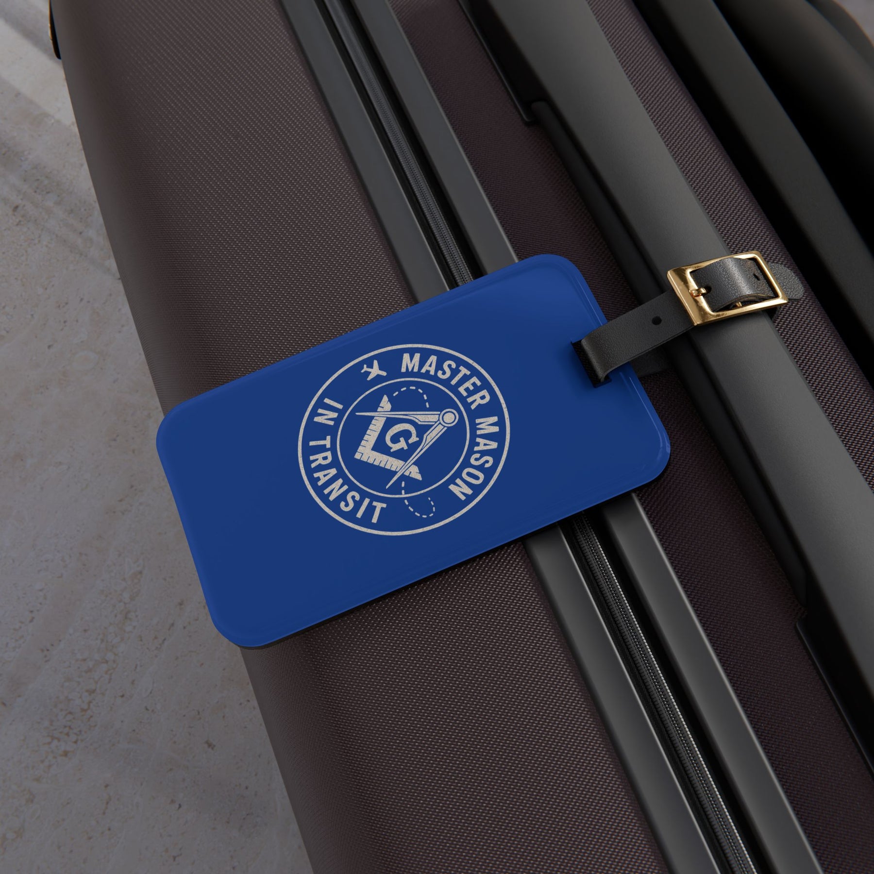 Master Mason Blue Lodge Luggage Tag - Blue Mason in Transit Black Leather Strap - Bricks Masons