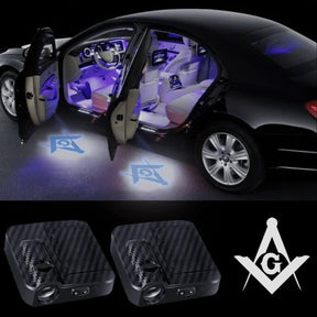 Master Mason Blue Lodge Car Door Light Projector - 2 Pieces Wireless LED Square & Compass - Bricks Masons