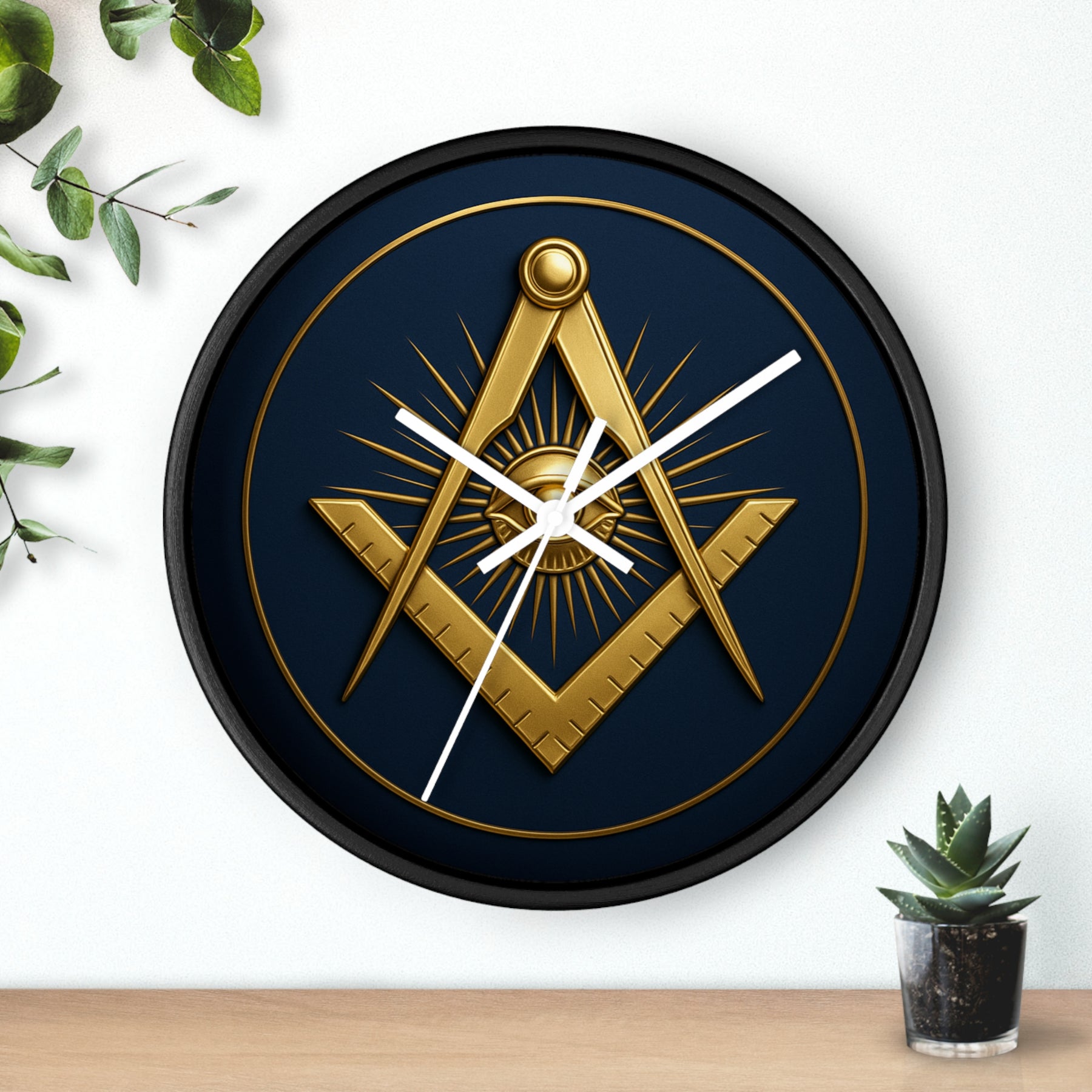 Master Mason Blue Lodge Clock - Wood Frame with Eye Square & Compass Symbol - Bricks Masons
