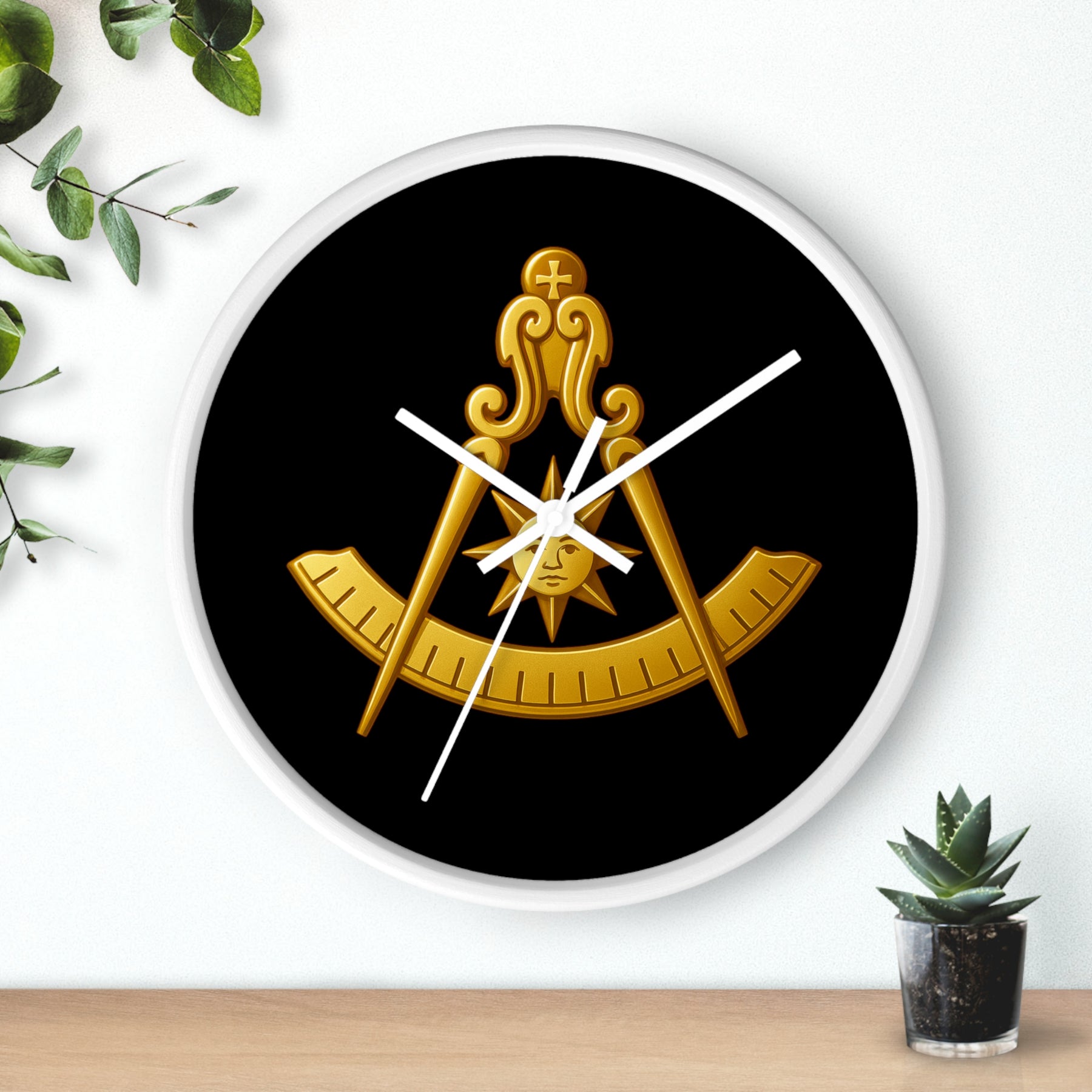 Past Master Blue Lodge Clock - Compass Sun & Quadrant Symbol with Wooden Frame - Bricks Masons