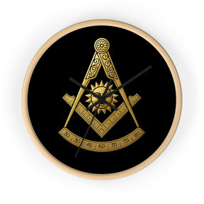 Past Master Blue Lodge Clock - Square Compass Sun & Quadrant Emblem on Wood Frame - Bricks Masons