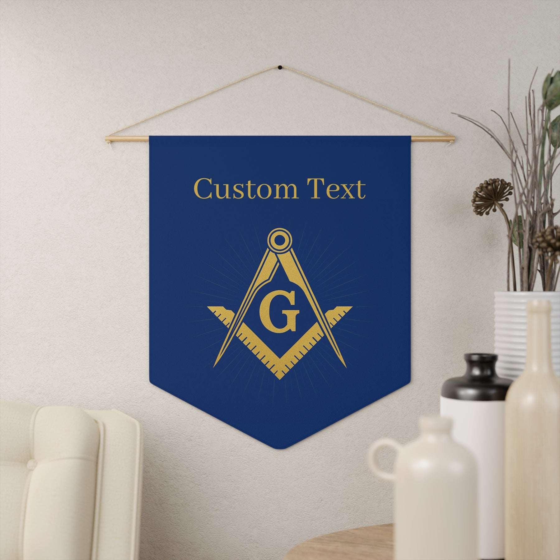 Master Mason Blue Lodge Pennant - Gold & Blue Square & Compass G with Personalization - Bricks Masons