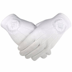 Master Mason Blue Lodge Gloves - All White Cotton Square & Compass G