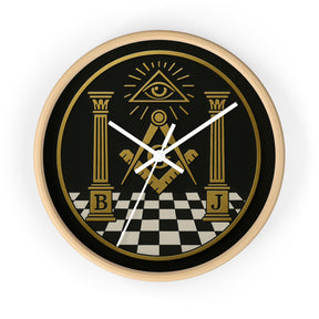 Master Mason Blue Lodge Clock - S&C with Pillars in Wooden Frame - Bricks Masons