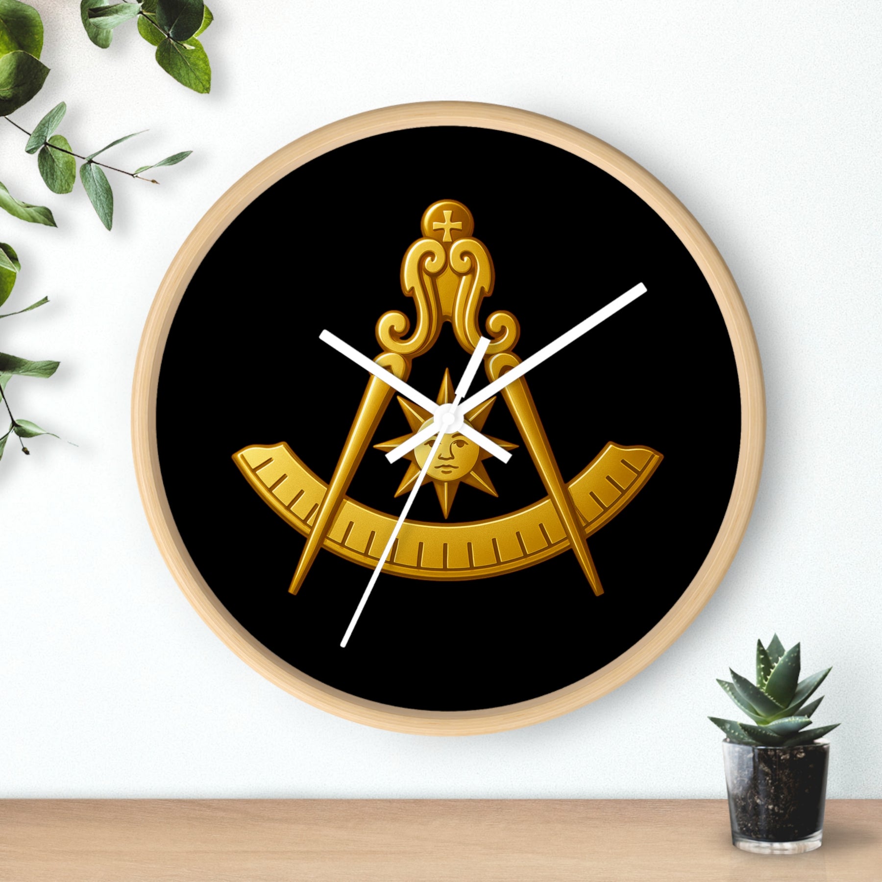 Past Master Blue Lodge Clock - Compass Sun & Quadrant Symbol with Wooden Frame - Bricks Masons
