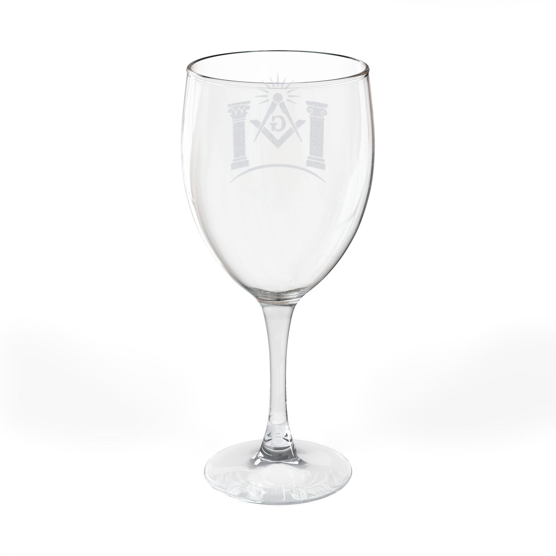 Master Mason Blue Lodge Wine Glass - Square & Compass G with Twin Pillars & Radiant Light