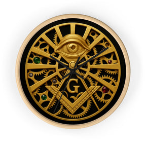 Master Mason Blue Lodge Clock - All Seeing Eye S&C Gear in Wooden Frame - Bricks Masons