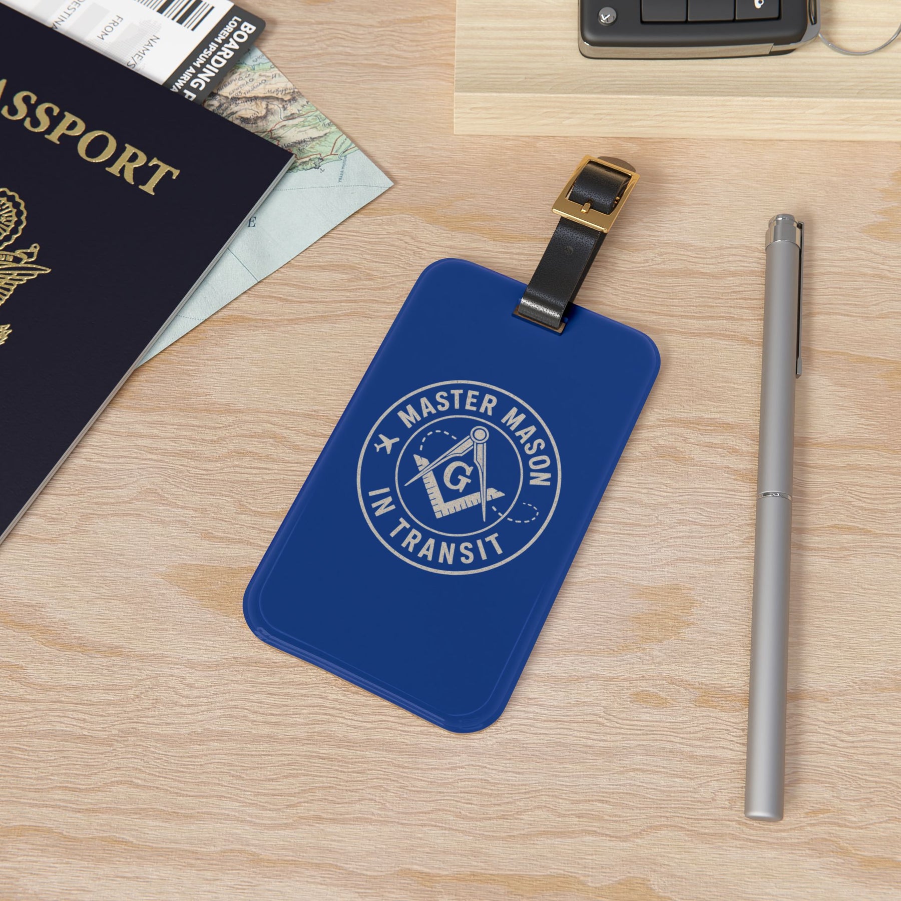 Master Mason Blue Lodge Luggage Tag - Blue Mason in Transit Black Leather Strap - Bricks Masons