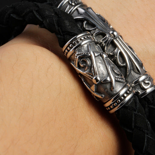 Knights Templar Commandery Bracelet - Silver & Black Leather Cross Bracelet With Magnetic Buckle - Bricks Masons