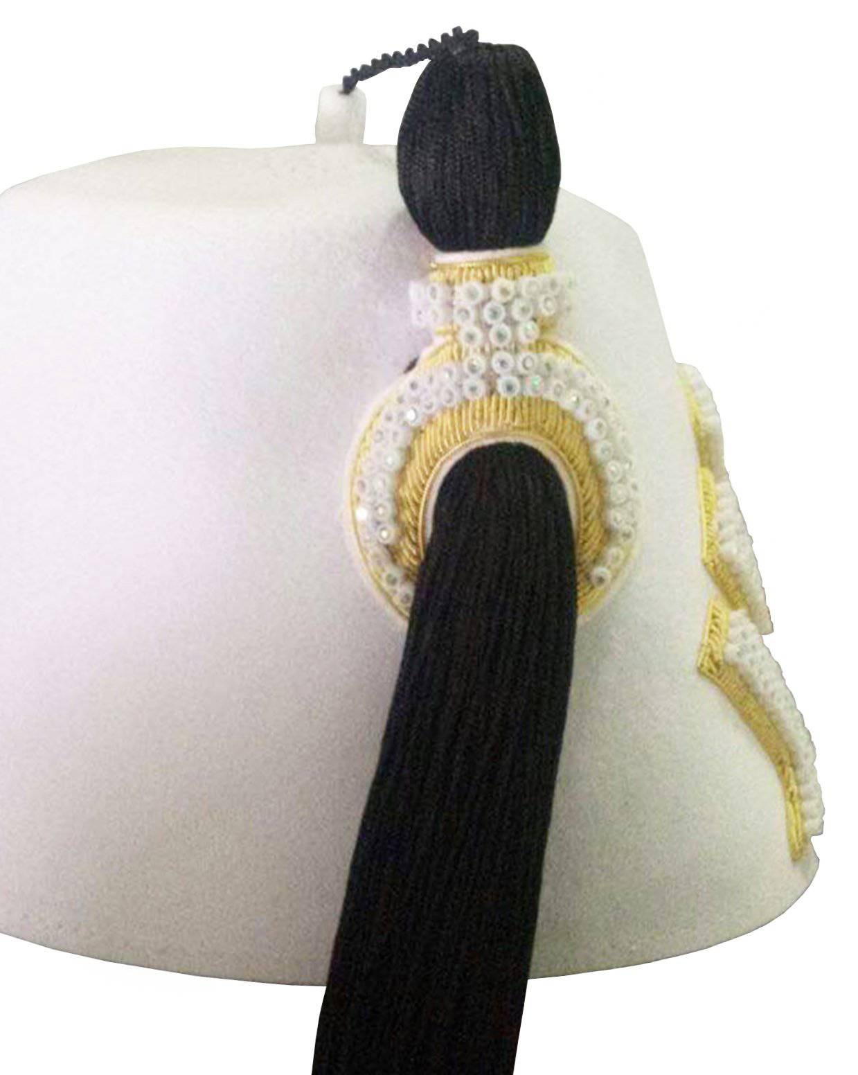 DOI PHA Fez Hat - Pure White Hand Embroidered with Gold Bullion Underlay