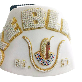 DOI PHA Fez Hat - Pure White Hand Embroidered with Gold Bullion Underlay