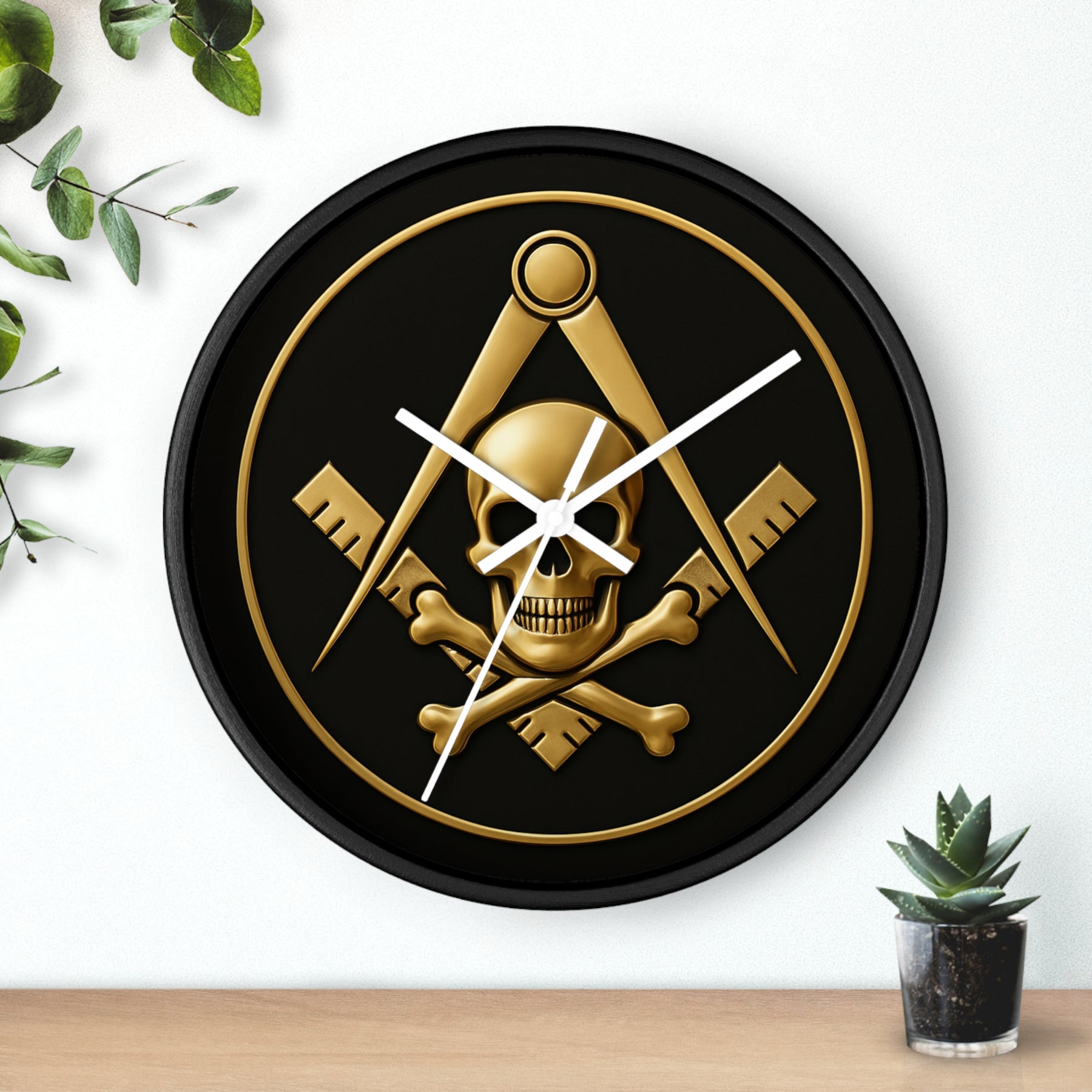 Widows Sons Clock - Square & Compass with Skull Emblem on Wooden Frame - Bricks Masons