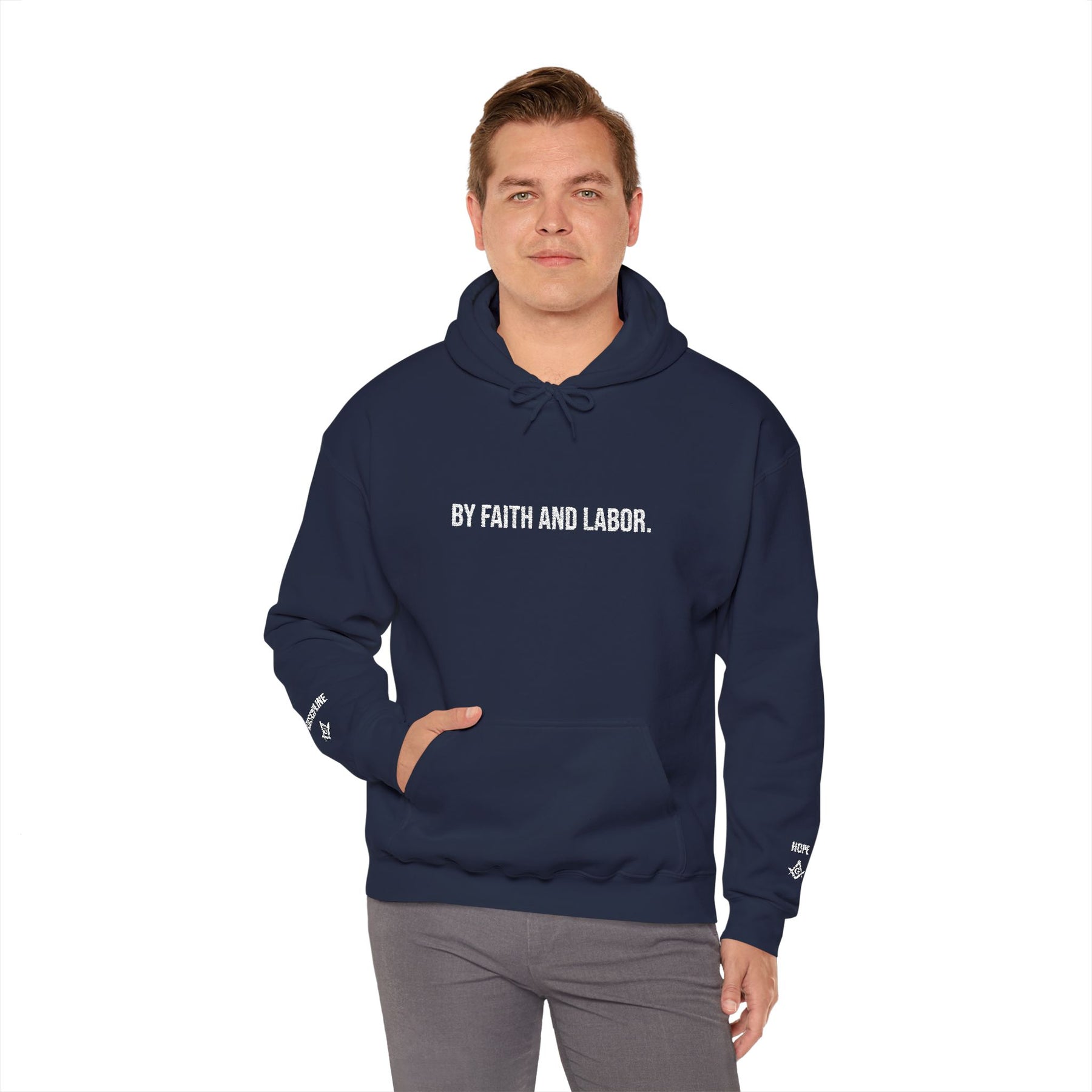 Master Mason Blue Lodge Hoodie - By Faith And Labor with Square & Compass G Embroidery - Bricks Masons