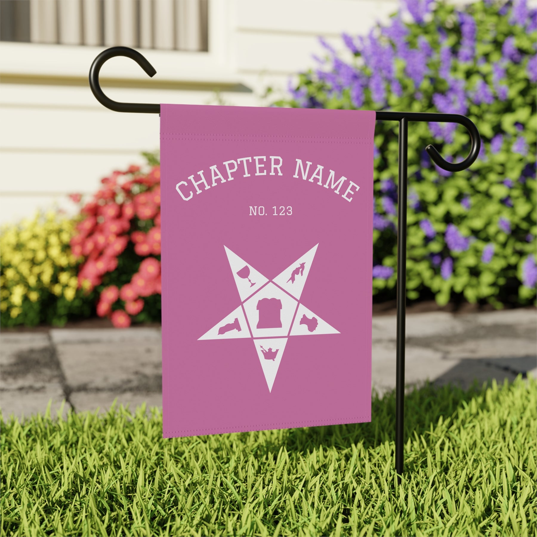 OES Yard Flag - Pink & White Star With Personalization - Bricks Masons