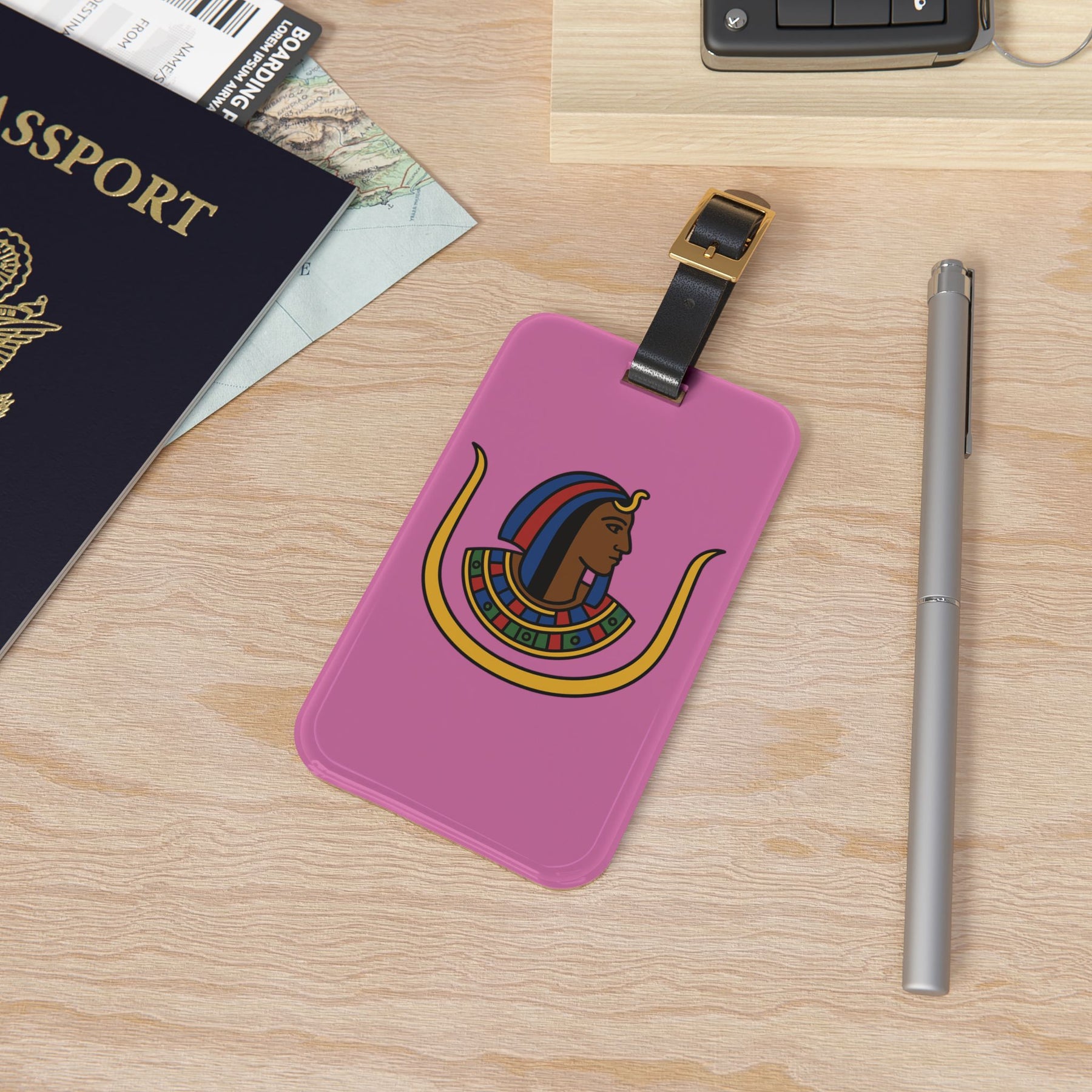 DOI Luggage Tag - Pink With Black Leather Strap - Bricks Masons