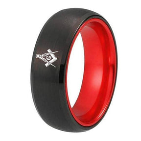 Master Mason Blue Lodge Ring - Black Tungsten With Red Aluminum Inlay Personalizable