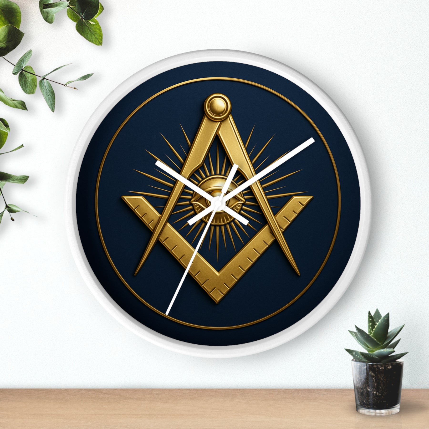 Master Mason Blue Lodge Clock - Wood Frame with Eye Square & Compass Symbol - Bricks Masons
