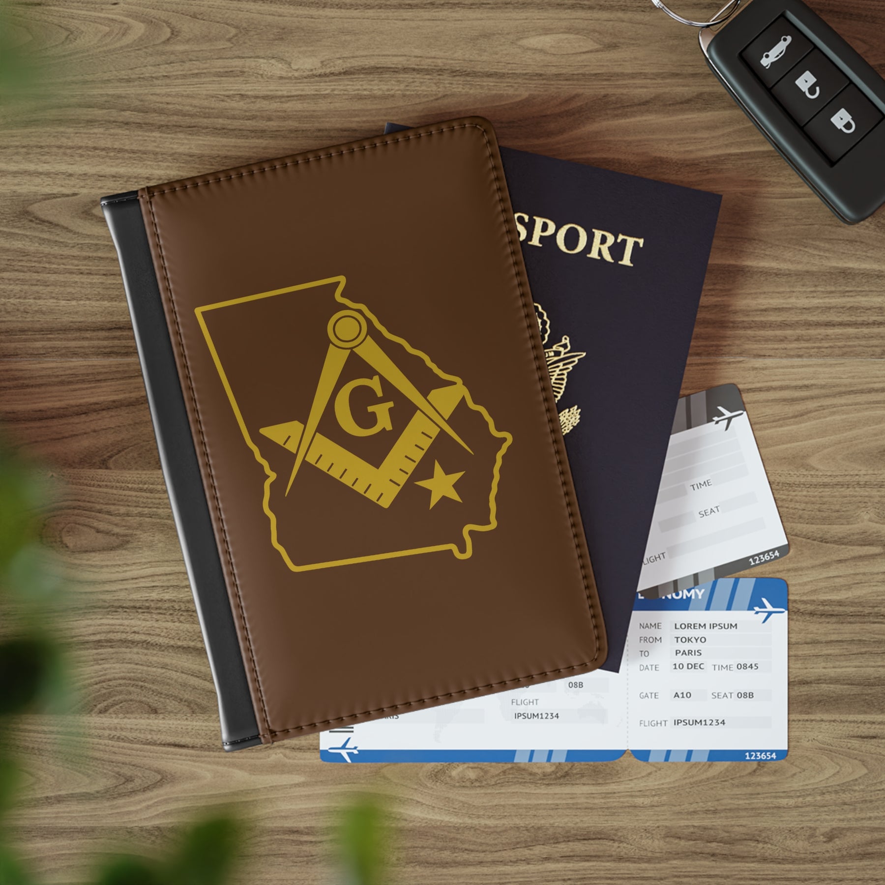 Master Mason Blue Lodge Passport Cover - Georgia Mason Brown PU Leather - Bricks Masons