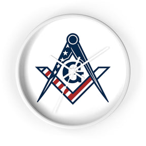 Master Mason Blue Lodge Clock - Square & Compass G with American Flag Design - Bricks Masons