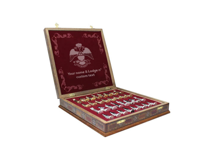 33rd Degree Scottish Rite Chess Set - Wings Down Wood Mosaic Pattern - Bricks Masons