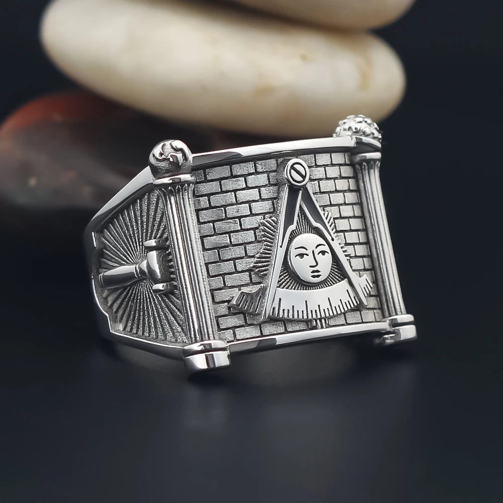 Past Master Blue Lodge Ring - Quadrant & Compass Sun with Twin Pillars Sterling Silver - Bricks Masons