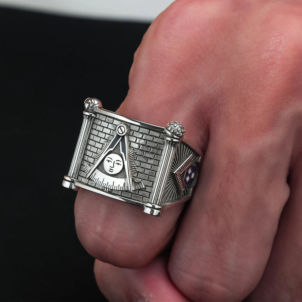 Past Master Blue Lodge Ring - Quadrant & Compass Sun with Twin Pillars Sterling Silver - Bricks Masons