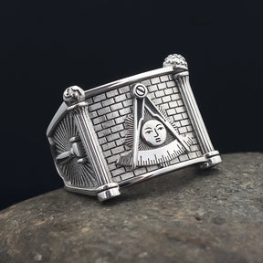 Past Master Blue Lodge Ring - Quadrant & Compass Sun with Twin Pillars Sterling Silver - Bricks Masons