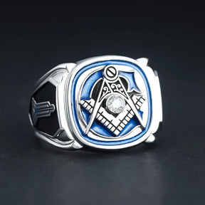 Master Mason Blue Lodge Ring - Sterling Silver S&C with Masonic Tools On The Sides