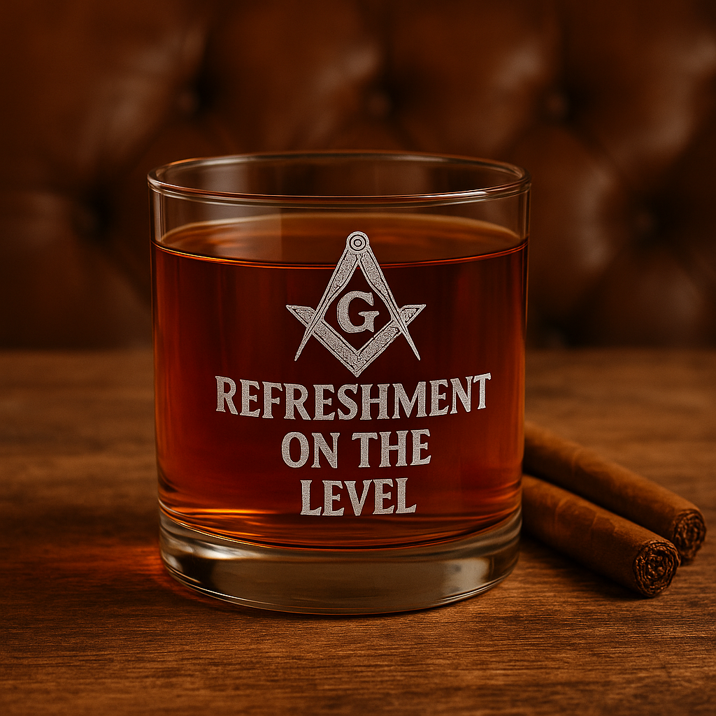 Master Mason Blue Lodge Whiskey Glass - Square & Compass G Refreshment On The Level