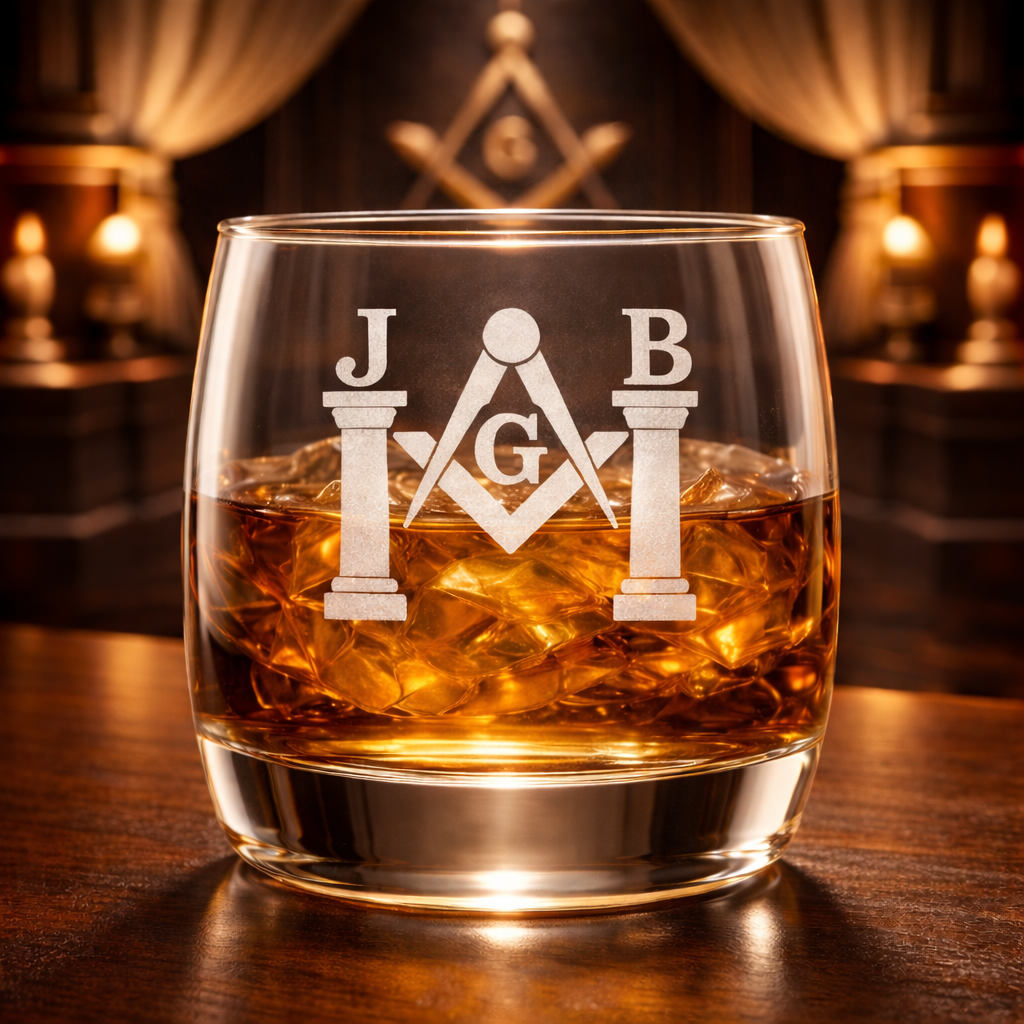 Master Mason Blue Lodge Whiskey Glass - S & C G with J&B Pillars