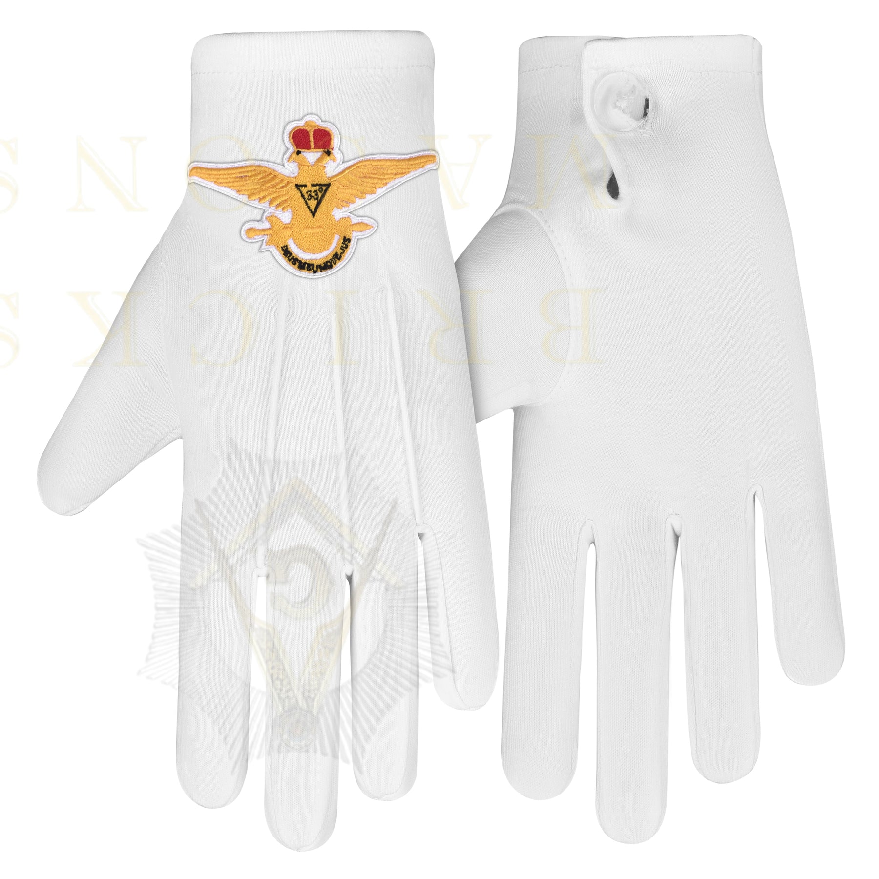 33rd Degree Scottish Rite Gloves - White Cotton Eagle Patch Wings Up - Bricks Masons