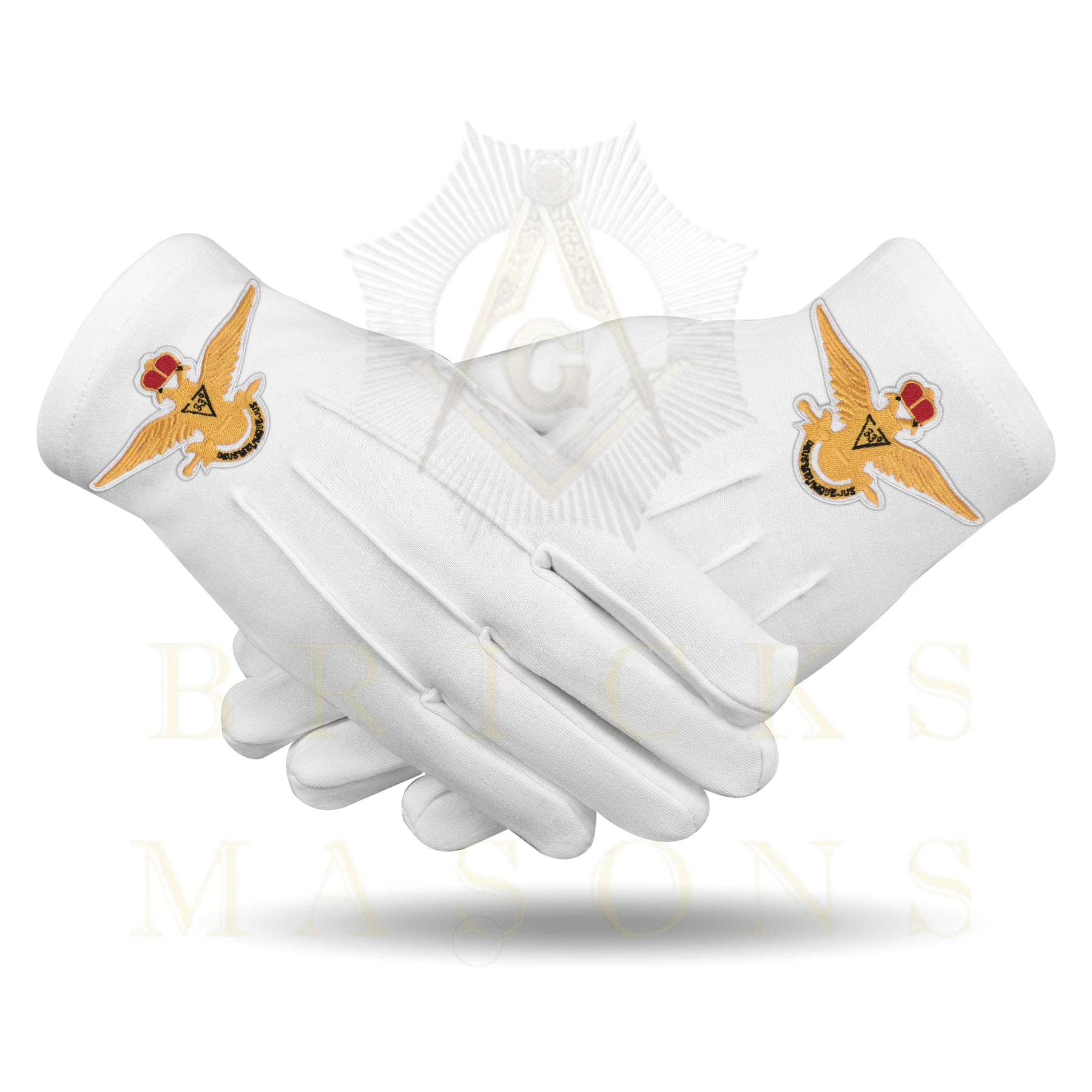 33rd Degree Scottish Rite Gloves - White Cotton Eagle Patch Wings Up - Bricks Masons